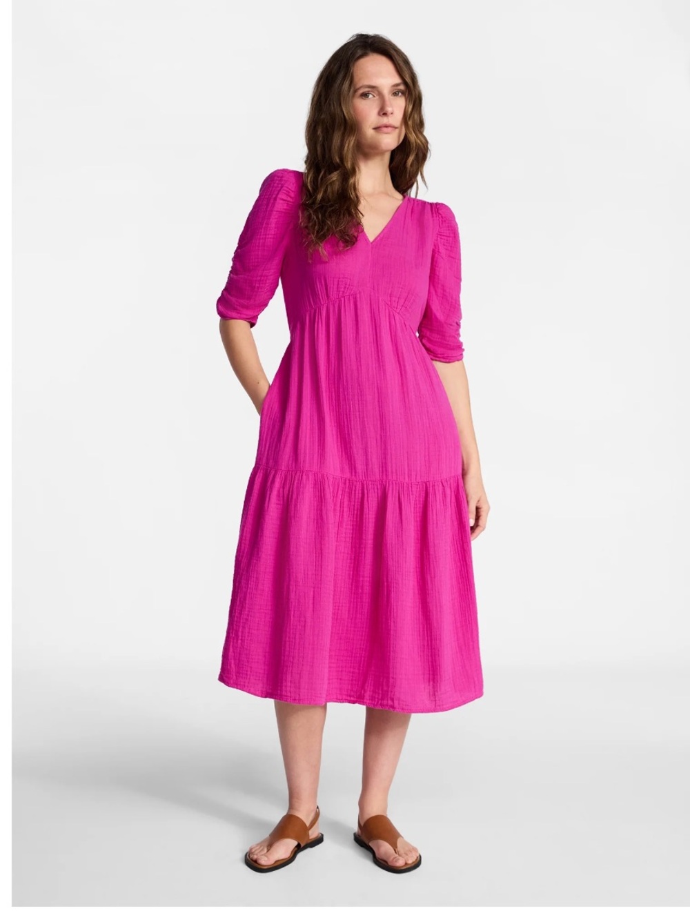 Time and Tru Bright Fuchsia V-Neck Tiered Midi Dress